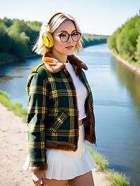 A blonde haired woman with a plaid fur trimmed jacket and white miniskirt stands near the riverbank at noon