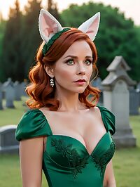 A 47 year old woman in a green wedding dress with long auburn hair and brown eyes stands at the cemetary under the evening sky
