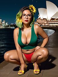 A stunning 32 year old woman with enchanting features poses outside Sydneys iconic Opera House under moonlit darkness