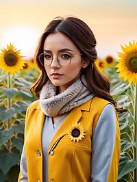 A 35 year old woman with big breasts wears a yellow school uniform in a cemetery at sunrise