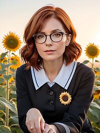 Woman in her 40s stands outside at dusk wearing a black school uniform and glasses