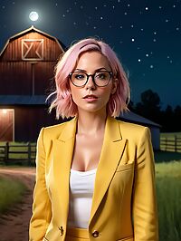 A woman in her 40s stands out in a yellow suit under moonlit darkness in a barn