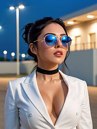 A 30 year old woman with blue eyes and short black hair charms at Air Force Base evening