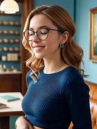 The womans bright hazel eyes widen in surprise as she approaches the store display window