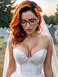 A sensual and beautiful woman in a white wedding dress poses seductively by the cemetery at twilight