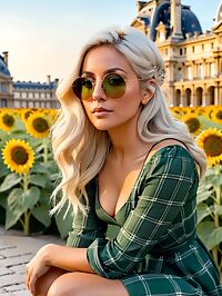 A petite platinum blonde in a green sundress strolls through the Louvre at dusk