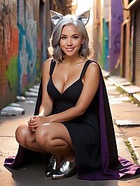 A stunning silver haired woman wears a black sundress and cape gazing at the sunrise in a graffiti covered alleyway