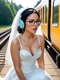 A 31 year old woman with black short hair and ice blue eyes stands on the train platform