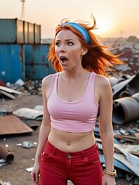 A woman with ginger hair and red pants lies in a scrap yard at sunrise