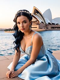 A curvaceous woman in a blue wedding dress seduces