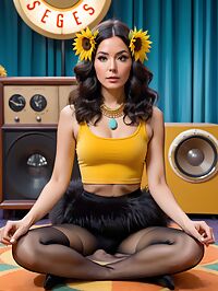 A 30 year old woman with ombre hair poses seductively amidst 1970s glamour