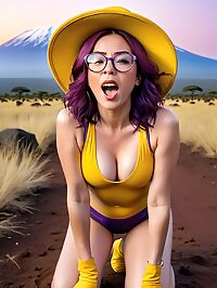 Tall enchanting woman with burgundy hair and small tits stands on Mount Kilimanjaro